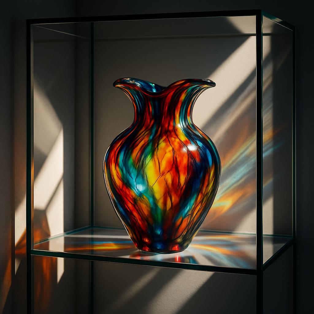 A round glass bead with swirls of blue and silver, displayed on a white silk cloth.