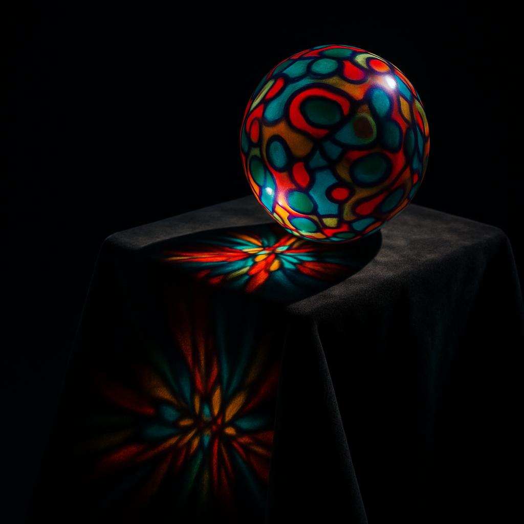 A multicolored glass ball upon a black velvet pedestal emits a kaleidoscopic projection on the floor beneath.